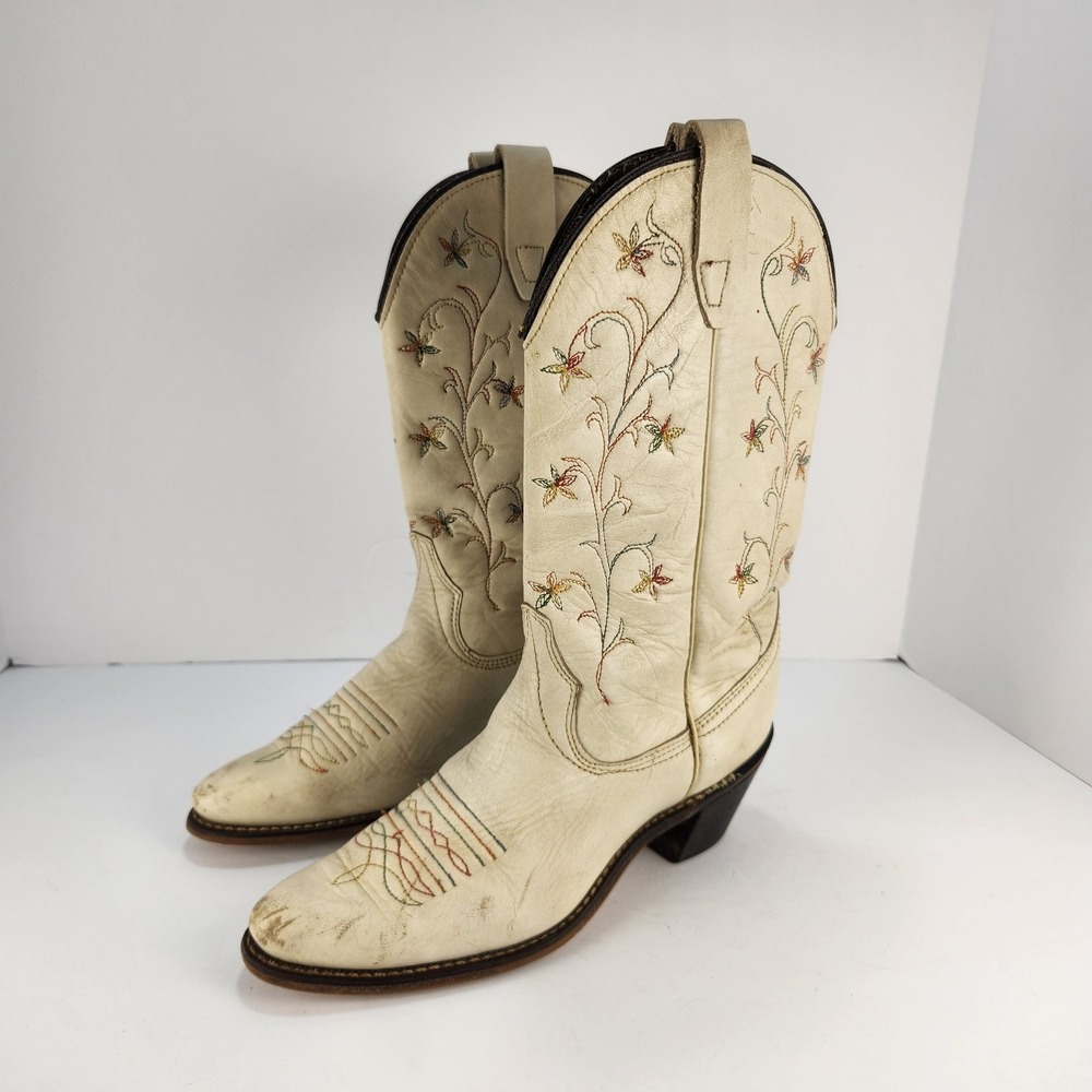 Wrangler Vintage Women's 7.5N Western Cowboy Boots Ivory Leather Floral